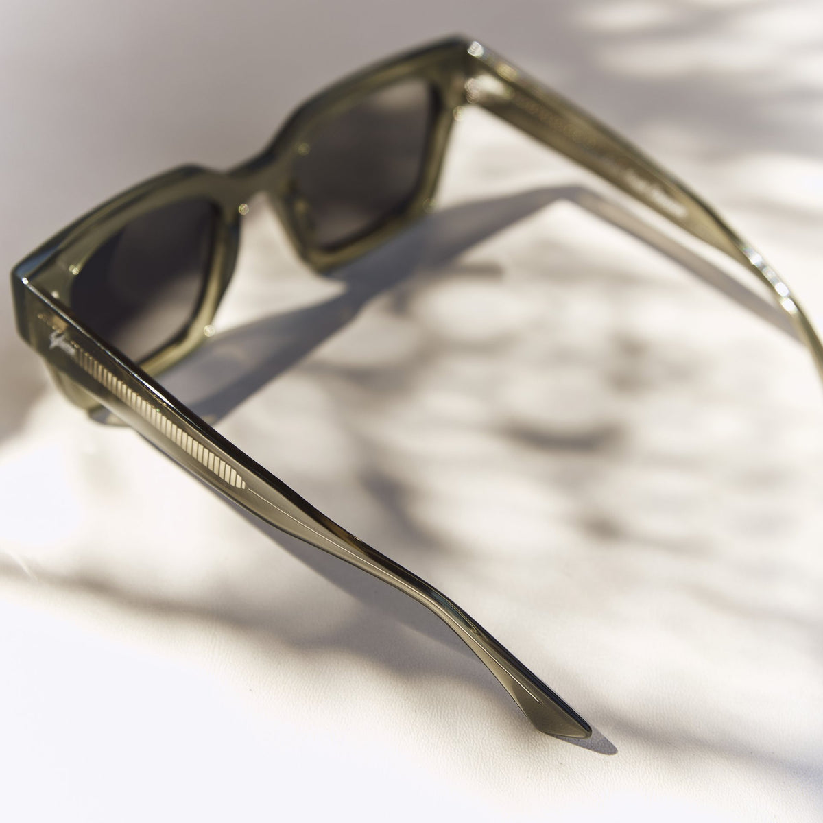Celuna Olive sunglasses, side view of the olive acetate arms