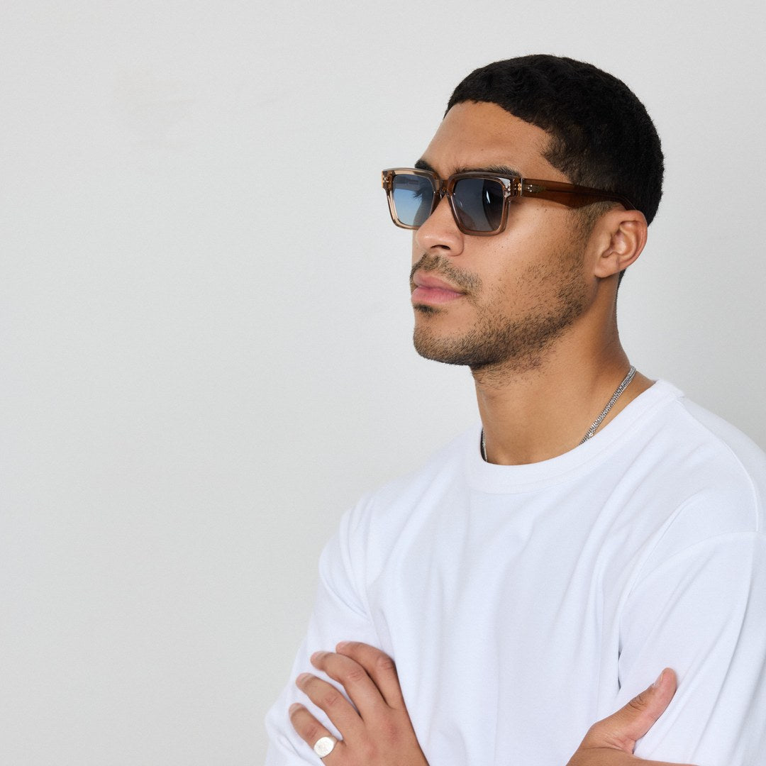 Man wearing Yume Aurien Brown/Blue sunglasses