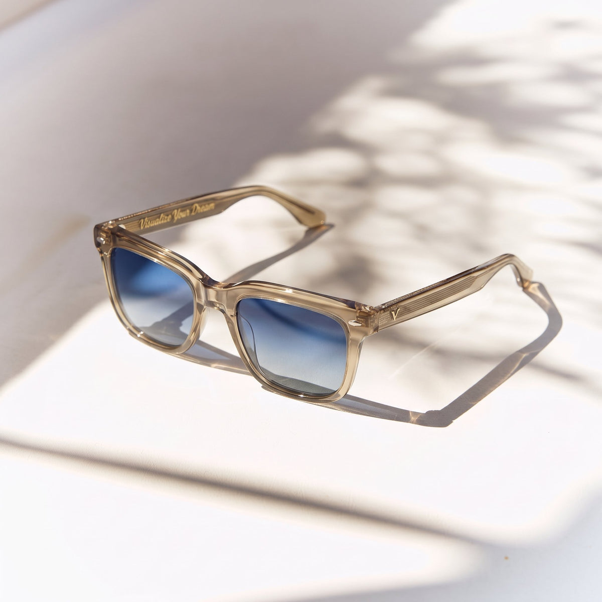 Somnia Golden Brown sunglasses, khaki frame with blue gradient lenses